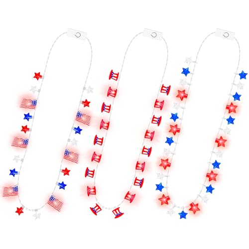 EOBOH 4th of July Necklace 3PCS Independence Day Light up Necklace Bulk Red White Blue Patriotic Star USA Flags Fourth of July Party Favor Glow Stuff for Memorial Veterans Parades Party