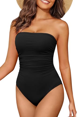 Holipick Women Black Bandeau One Piece Swimsuits Tummy Control Bathing Suits Halter Strapless Swimwear M