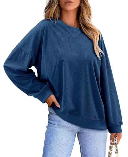 KISSMODA Womens Casual Long Sleeve Sweatshirts Color Block/Solid Tops Corduroy Crewneck Tunic Pullover with Pockets
