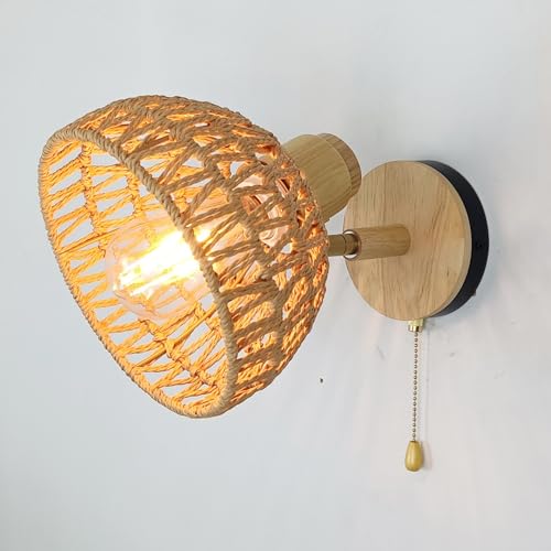 Aplique de pared trenzado de cuerda y madera con interruptor E27 2