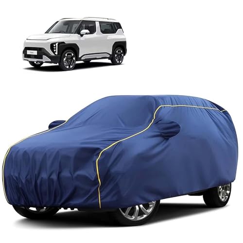 Image of Sulfar 100% Water Resistant Car Body Cover Compatible with Mirror for Kia Syros (Triple Stitched, Full Bottom Elastic, Blue Tafetta with Yellow Piping)