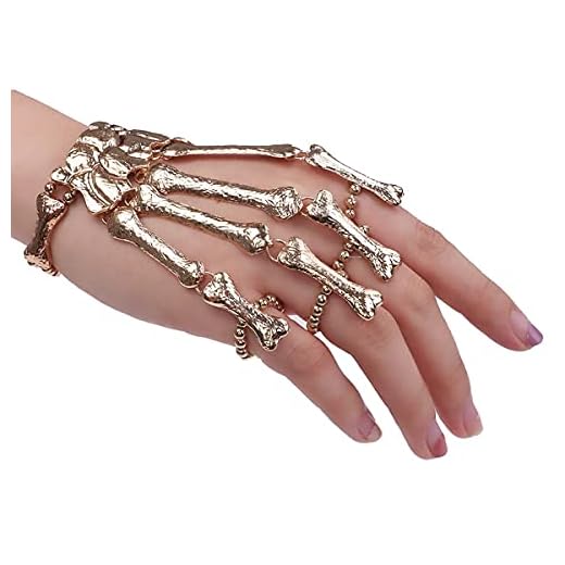 Xerling Gothic Skull Skeleton Hand Bracelet Halloween Gold Metal Hand Bangle Skeleton Bracelet Ring for Men Women (Gold)
