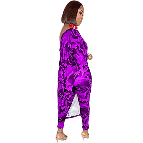 Women's Plus Size Sexy Camo Print 2 Piece Outfit Long Sleeve One Shoulder Asymmetrical Hem Tops Long Pants Sweatsuit Set Purple Camo 4Xl #TOP1