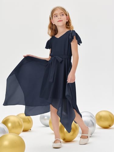 Kids Chiffon Cute A-Line Short Dress with Asymmetrical Layered Ruffled Bow Tie Teen Girl Bridesmaid Dress4