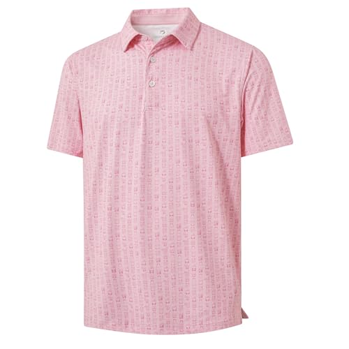 JIUYANG Mens Dry Fit Golf Polo Shirts - Moisture Wicking 4-Way Stretch UPF 50+ Short Sleeve Performance Print Casual Shirt Gift - Pink Whisky