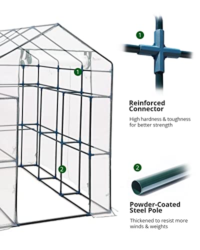 King Bird Upgraded 7 X 4.7 X 6.4 Ft Walk-In Greenhouse For Outdoors, Thickened Pe Cover & Heavy Duty Powder-Coated Steel, W/ Zippered Mesh Door & Screen Windows, 20 Sturdy Shelves For Garden, White #TOP5