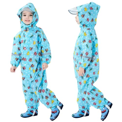 YIQAUMA Boys Girls Toddler Rainsuit Kids Waterproof Coverall Cartoon Rain Suit One Piece Rain Coat Light Blue, 1-2T
