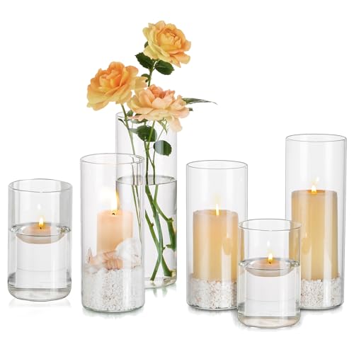 Photophore Bougeoirs Verre Vase Cylindrique: Hewory Set de 6 Porte Bougie pour Centre de Table Noel Mariage, Supports pour Bougies Piliers Transparent Vase en Verre...