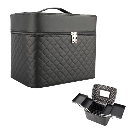 Homtone Plateau Pliable à 4 Couches avec Miroir, étanche, Grande capacité, Trousse de Toilette Multifonction, Noir, 11x7x8.9 (Noir)