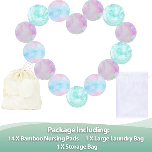 Image of wegreeco Nursing Breast Pads (14 Pack) + Laundry Bag & Travel Storage Bag, 4.7 inch - Washable & Reusable Breastfeeding Nursing Pads (Plain Shape, Watercolors, Large)