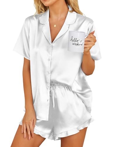 Ekouaer Womens Satin Pajamas Set Button Down 2 Piece Silk Pjs Shorts Set Ruffle Lingerie Notch Collar Sleepwear