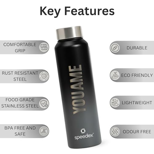 Image of Speedex Customised Engraved Name Stainless Steel Water Bottle 1 Ltr - Personalised Screw Cap Bottle for Kids, Men & Women, School, Office, Gym, Black Grey, Set of 1