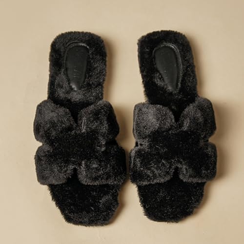 Women's Plush Slippers,Square H-shaped flat Bottom Warm fur Slippers for Women's Outdoor Wear in autumn and Winter,Open Toe Casual and Fashionable Plush Shoes3