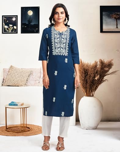 Image of SIRIL Women's Cotton Blend Relaxed Fit Chikankari Kurta | Lucknowi Kurta | Embroidery Kurti