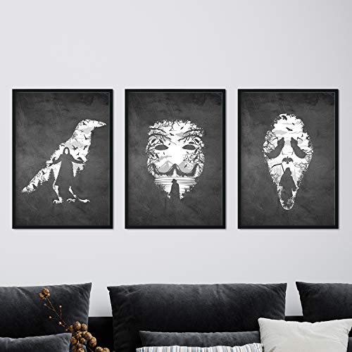 Set de tres láminas blanco y negro peliculas V de Vendeta, Scream y El cuervo Tamaño A3 Poster Fondo negro estilo pizarra Sin Marco