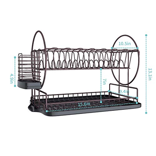 Kefanta Dish Drying Rack With Drainboard For Kitchen Counter, Bronze 2 Tier Dish Rack With Utensil Holder, Multifunction Dishes Drainer With Drainage, Double Tier Plate Drying Rack With Tray #TOP4
