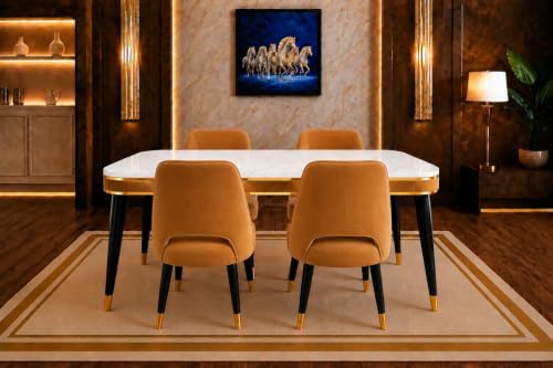 Image of WOODEN SPACE Majestic 4 Seater Wooden Dining Table Set | Urban Marble Top Dining Table with Chairs for Dining Room & Kitchen (Mustard Modern Vintage)