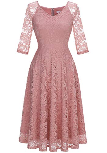 Dressystar Damen V-Ausschnitt Kurz Brautjungfer Kleid Festlich Party Floral Cocktailkleid Ballkleid Blush L