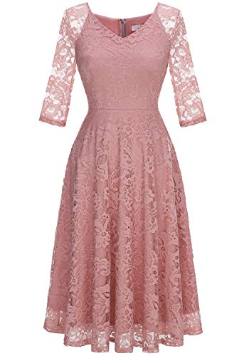 Dressystar Long-Sleeve A-Line Lace Bridesmaid Dress Midi for Wedding Formal Party 3XL Blush