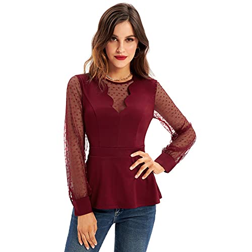 GRACE KARIN Camisa Elegante Manga Larga Transparente para Mujer con Encaje Decorado Cuello Pico Profundo