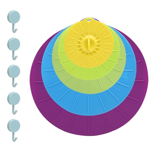 KQDRAVINE 5 Tapas de Silicona con 5 Ganchos Mantienen la Frescura,Tapas de Silicona Teutilizables para Ollas Apto para Platos, Vasos, Tazones, Ollas, Alimentos y Yogur