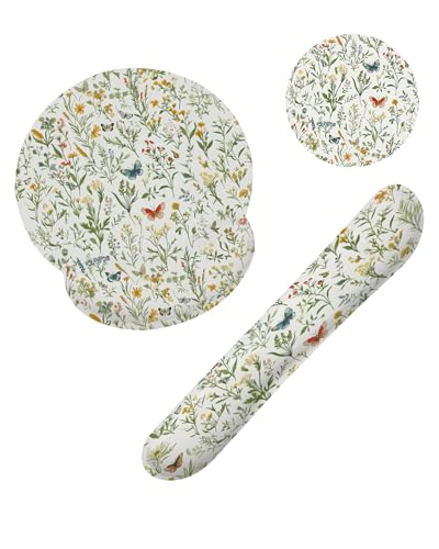 Wildflowers Butterfly Mouse Pad with Wrist Rest and Keyboard Wrist Rest Set, Vintage Garden Plants Herb Flower Non-Slip Rubber Base Memory Foam Mouse Pad Set for Women, Office Desk Accessories, Gaming