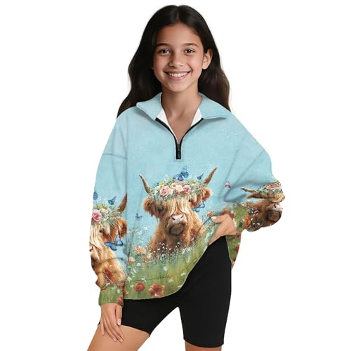 Image of AmzPrint Girls Graphic Quarter Zip Coat Long Sleeve Lightweight Oversized Athletic Running Hoodies For Kids Teen Girls