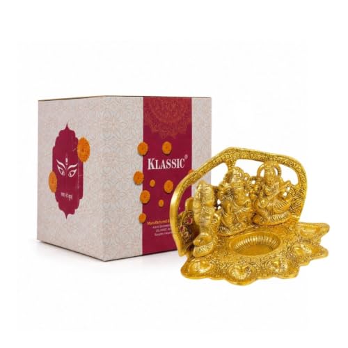 Image of Klassic Laxmi Ganesh Saraswati Idol Diya Oil Lamp | Elegant Metal Puja Deepak for Home Temple, Diwali Puja & Festive Decoration | Traditional Spiritual Showpiece & Gift Item (Pack of 1)