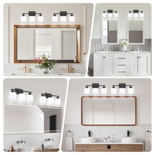 Image of 3-Light Bathroom Light Fixtures, Black Bathroom Vanity Lights with Milky White Frosted Glass Shades, Black Vanity Light for Bathroom Mirror, Bedroom, Living Room, Vanity Table, E26 Base