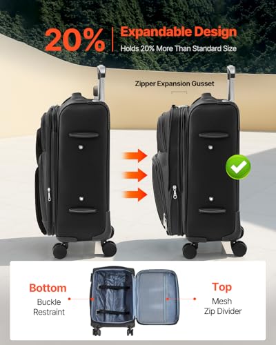 VEVOR Softside Expandable Luggage with Spinner Wheels, 20-Inch Softside Carry on Luggage, Lightweight Checked Suitcase with Expandable Zippered Pocket and TSA Lock, Black2