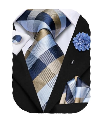 Image of Hi-Tie Men's Silk Ties Formal Woven Classic Necktie Pocket Square Cufflinks Lapel Pin Set Wedding Business