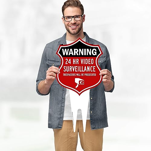 Image of Warning, 24 Hr Video Surveillance Sign, 11x21, Heavy Duty Integrated Ground Stakes, Indoor /Outdoor Use, Rust Free Aluminum Composite, Made in USA by My Sign center