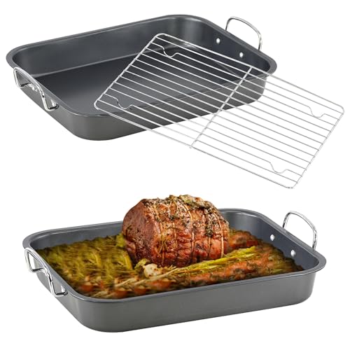Non-Stick Roasting Tin Dish Tray Deep Carbon Steel Pan with Rack Oven Safe Baking - Image 6