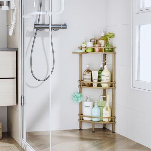Image of HapiRm Standing Corner Shower Caddy - 3 Tier Shower Organizer Corner with Soap Holder and 4 Hooks, Rustproof Bathroom Storage Shelves with Adhesives, Gold