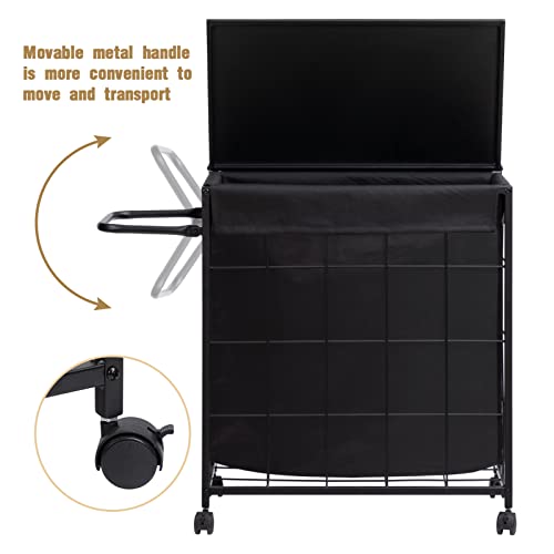 Hollyhome Laundry Mat Basket On Wheels With Lid And Metal Handle, Wire Rolling Hampers For Haundry With Wheels Laundry Sorter Cart Room Organization Black #TOP5