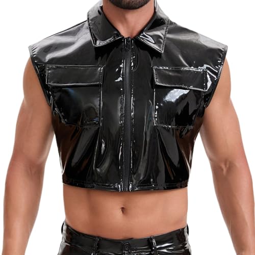 Camisa de piel sin mangas para hombre con cremallera y solapas 6