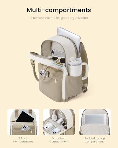 Image of LOVEVOOK Laptop Backpack for Women with Giant Tumbler Holder Pocket, 15.6 inch Laptop Computer Bag Travel Backpack Purse, Waterproof Work Nurse Teacher Bag College School Bookbag, Khaki & Beige