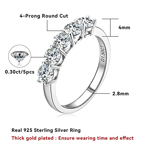 Moissanite 5-Stone Half Eternity Band, 925 Sterling Silver Ladies Wedding Band D Color VVS1 Clarity Brilliant Round Cut Moissanite Rings Engagement Anniversary Ring for Women3