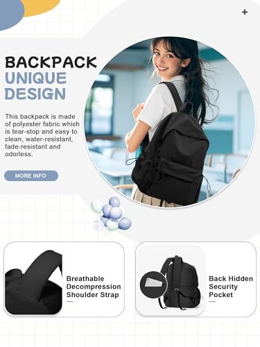 Image of Black School Backpack for Girls Women Waterproof High School Book Bag Cute Backpack for Men Teens Boys, Lightweight Simple Middle School Back Pack Daypack