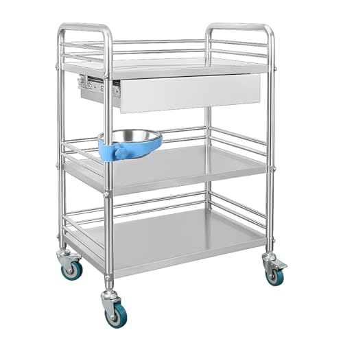 MDYHY Medical Cart with A Drawer, Medical Trolley Cart, 3 Tier Stainless Steel Cart with Wheels, 360°Rotate Wheels Heavy Duty Medical Utility Cart, for Hospital Dental Clinic(One Color-27.2X18.1)