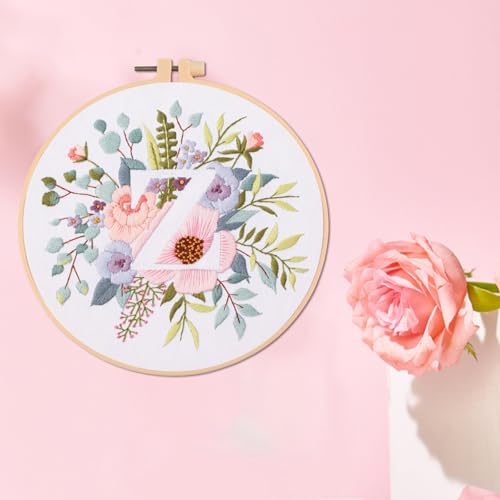Image of IUHUI Embroidery Kit for Beginners Adults - 26 Floral Letters Easy Patterns, DIY Hand Stitching Embroidery Set with Hoop (Flower and Grass Letter Z)