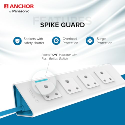 Image of anchor by panasonic 22061 6A Power Strip 4 Socket Spike Guard with Single Switch (1.5 m, White and Blue)