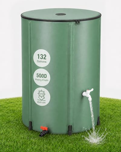 132 Gallon Collapsible Rain Barrel, Rain Water Collection Barrel System Kit, Collapsible Water Tank with 2 Spigots and Overflow Kit, Portable Rain Water Catcher for Garden, Green