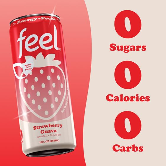 FEEL Zero Sugar Natural Energy Drink – Strawberry Guava, 140mg Plant-Based Caffeine with L-Theanine for Focus, Vitamin C for Immunity, Vegan, Non-GMO, No Artificial Sweeteners, 12 Fl Oz Cans (12-Pack) - Image 5