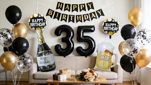 Decoraciones de cumpleaños 35, decoraciones de pancarta de cumpleaños para hombres y mujeres de 35 años, botellas de champán negro y dorado, globo de papel de aluminio de cerveza para fiestas de