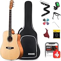 GUITAR STARTER KIT: Donner acoustic guitar pack includes acoustic guitar, padded gig bag, strap, digital clip-on tuner, capo, pickguard, extra pack of strings, truss rod，4 celluloid picks and clean cloth. Comes with most necessary accessories beginne...