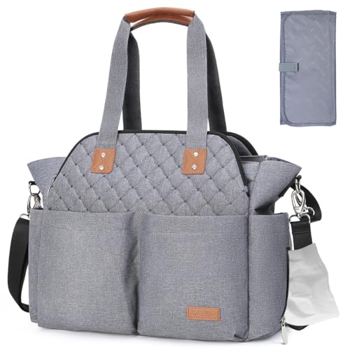 Image of Lekebaby Diaper Bag Tote for Baby - 17 Pockets Large Travel Diaper Tote with Portable Changing Pad, Mom Crossbody Hospital Bag for Labor Delivery, Waterproof, Baby Essentials for Newborn Gifts, Grey