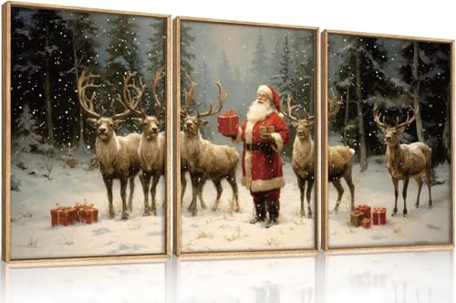 TOARTi Happy Christmas Framed Canvas Wall Art Christmas Night Snowy Landscape Wall Decor Santa Claus and Reindeer Holiday Winter Wall Painting Xmas Art Prints for Living Room Bedroom 12x16inchx3