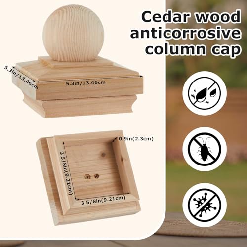 Image of Hosuly 1 Pcs 4x4 Inch (Actual 3 x 5 /8) Wood Post Caps with Ball Finial Decorative, Cedar Newel Wooden Post Caps Classic Style for Outdoor Fences, Decks, Mailboxes, Garden