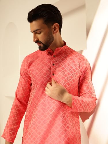 Image of SOJANYA (Since 1958 Men's Jacquard Silk Woven Motifs Kurta With White Pyjama